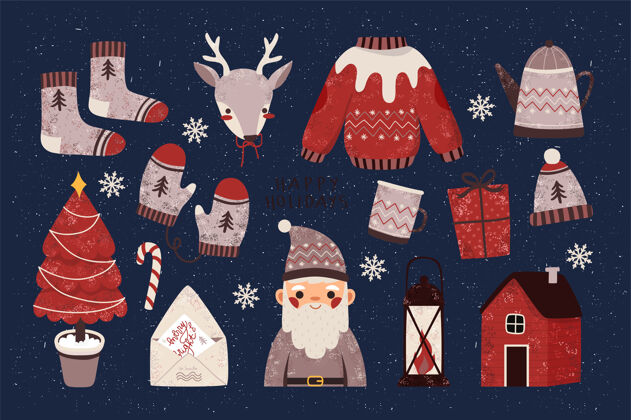 传单贺卡 请柬和横幅快乐圣诞和新年快乐海报 贴纸设置或横幅模板驯鹿可爱贴纸
