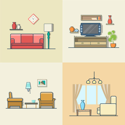 扶手椅客厅室内设置线性彩色笔划轮廓平面样式图标.颜色图标收藏架子公寓沙发