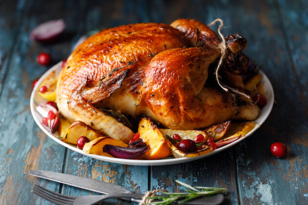 盘子把全鸡和烤蔬菜放在桌子上的盘子里烤庆祝烧烤乡村