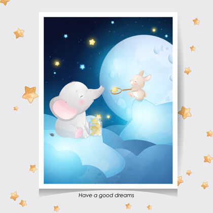 手绘可爱的涂鸦大象和小兔子与水彩插图晚安彩色卡片