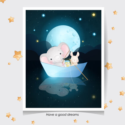 睡眠可爱的涂鸦大象和小兔子与水彩插图兔子夜晚卡通