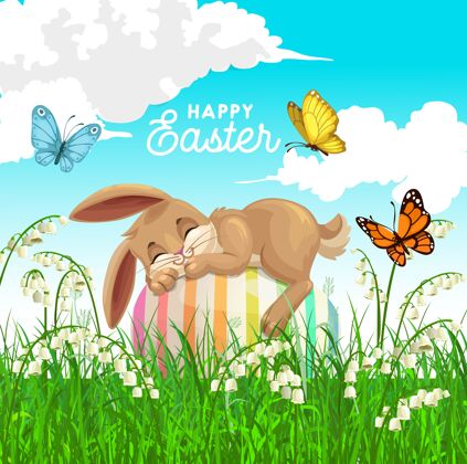 兔子快乐复活节假期海报与可爱的兔子睡在装饰彩蛋上的领域草地复活节明信片