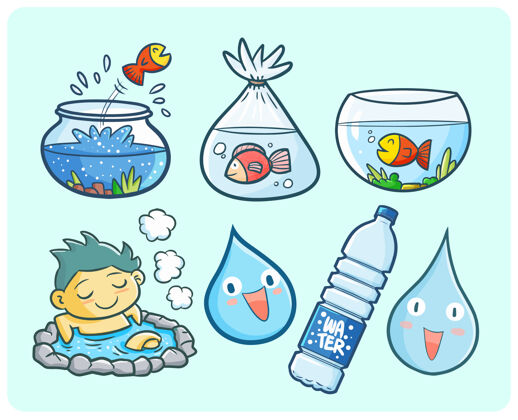 漫画有趣和可爱的水主题卡瓦伊涂鸦风格插图卡通球体瓶子