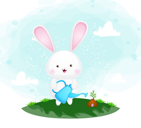 涂鸦可爱的兔子给植物浇水卡通叶子植物