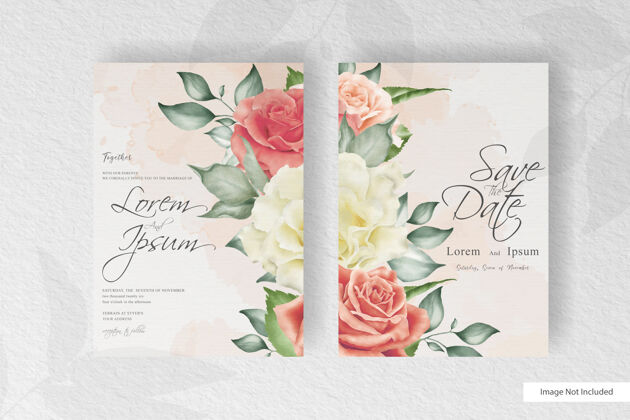 模板婚礼请柬与美丽的花卉和水彩画花卉玫瑰卡片