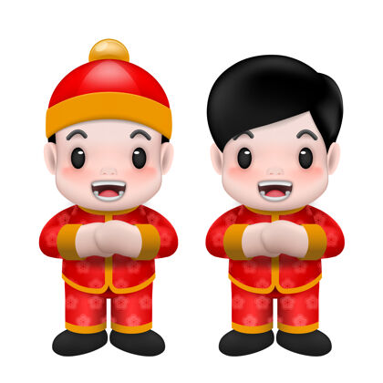 男孩中国新年 小可爱的中国男孩穿红布卡通祝福东方设置
