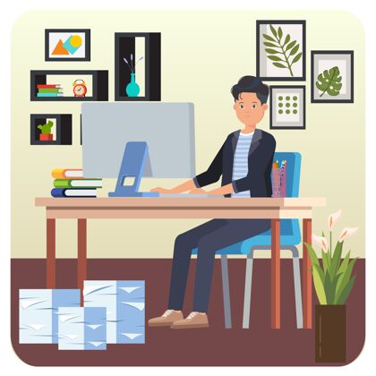 平面设计在家工作的男人室内插画男背景模板