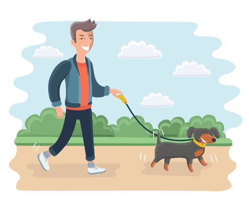 门年轻人在公园里遛狗的卡通插图欢呼狗散步