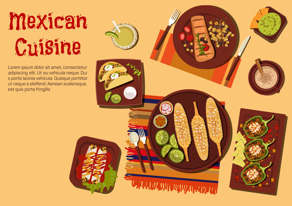 鸡肉墨西哥烧烤菜肴户外晚餐图标与烤玉米棒墨西哥菜食物牛排