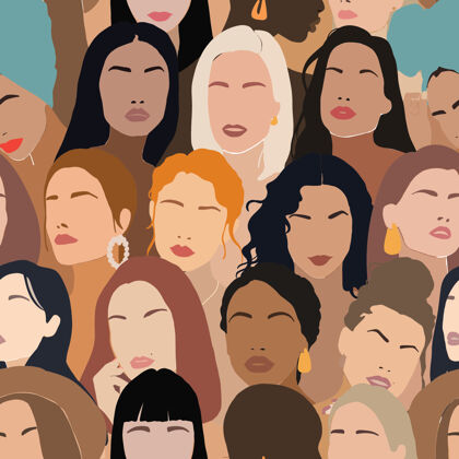 女士女权主义的无缝图案与女性的脸节日肖像授权