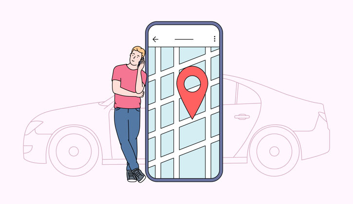 电话汽车共享和在线应用concept.young公司男人靠近智能手机屏幕 在城市地图上有路线和地点 还有车应用程序人车辆