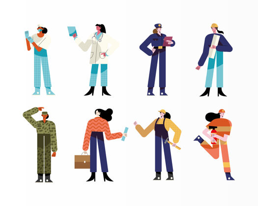 医生八个女人不同职业角色的捆绑插图医疗职业面具