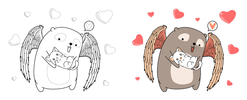 情人节丘比特熊拥抱可爱的猫卡通彩页爱熊丘比特