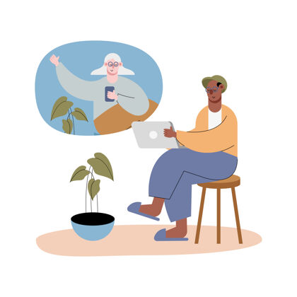 互联网跨种族的老夫妇使用视频技术打电话的人物插图祖父手机女士