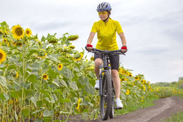 自行车手骑自行车的美女骑着向日葵在草地上自行车健活方式和运动休闲和爱好自行车自然娱乐