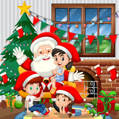 情感圣诞老人和许多孩子在房间里的场景年龄小场景