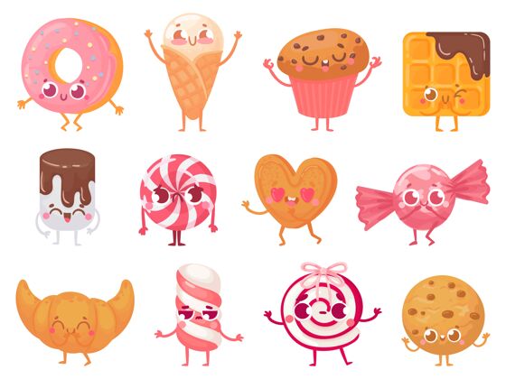 松饼可爱的甜心快乐纸杯蛋糕吉祥物 有趣的糖果角色和微笑甜甜圈套装纸杯蛋糕糖果