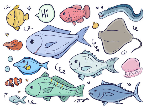 动物大集鱼和海洋动物插图卡通海洋水下设置