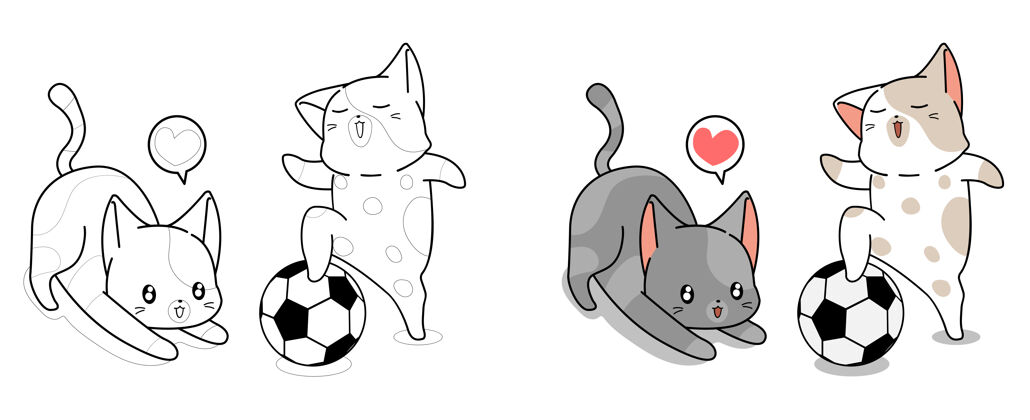 运动2只可爱的猫正在玩足球卡通彩页足球幼稚着色页