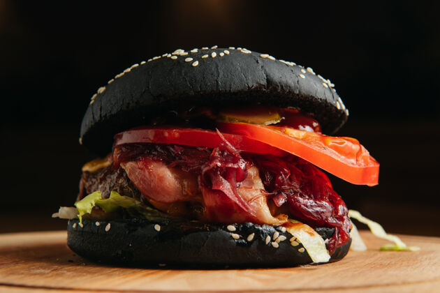 食物木板培根黑汉堡快餐汉堡肉