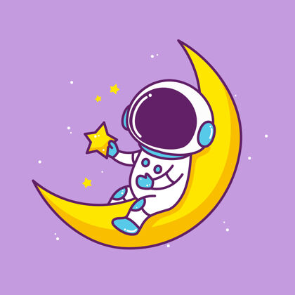 星星可爱的宇航员坐在月球上卡通可爱抱着