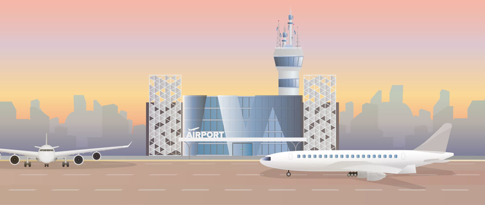背景现代机场跑道飞机上跑道.机场在公寓里风格.城市轮廓插图拼贴飞机彩色
