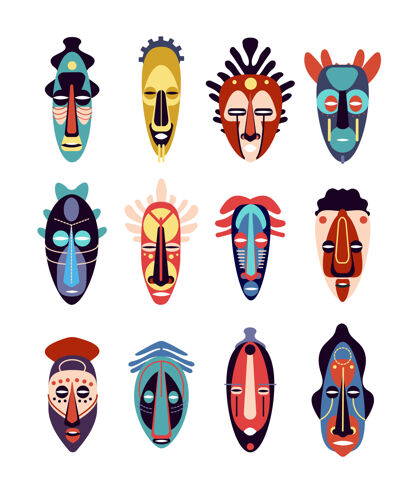 原始非洲人面具彩色的不同形状的民族仪式面具纪念品部落宗教