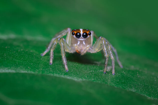 动物好奇的蜘蛛栖息在绿叶上1植物可爱眼睛