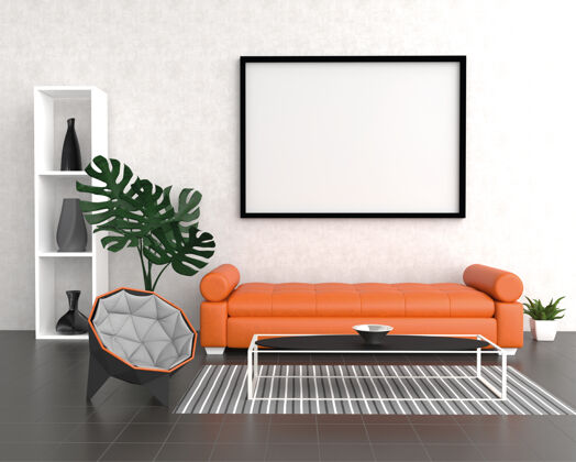 地板模拟海报框架在现代室内背景 客厅 家庭办公室风格 三维渲染 三维插图墙室内空白