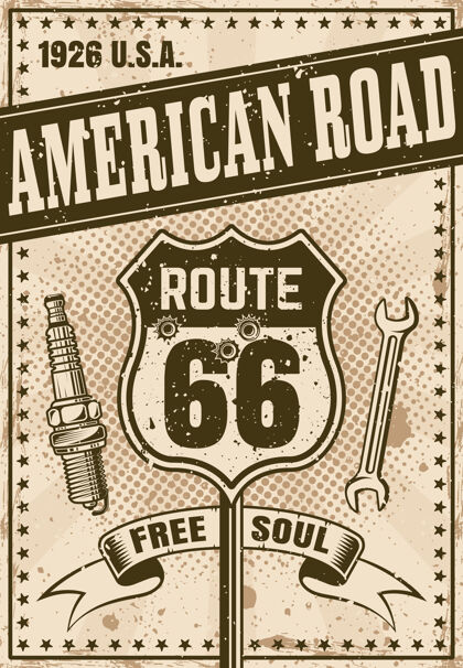 高速公路66号公路复古风格海报 标题为美国路自行车海报美国