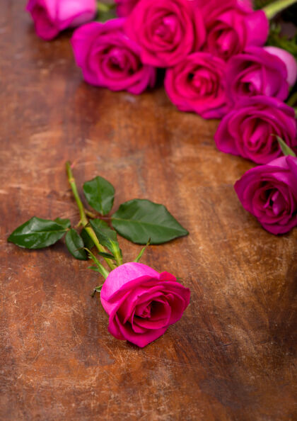 周年纪念木桌上孤零零的粉红玫瑰浪漫激情开花