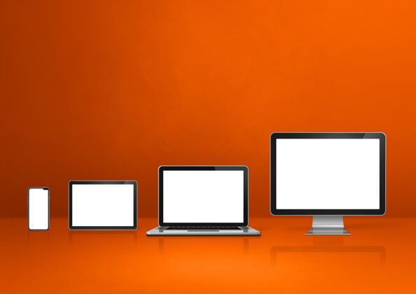 办公室电脑 笔记本电脑 手机和数字平板电脑-橙色办公桌背景电子屏幕Pc