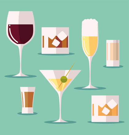 玻璃杯设置图标与葡萄酒杯马提尼鸡尾酒威士忌饮料鸡尾酒马提尼装饰