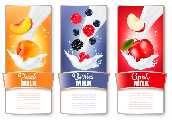 夏季一套三个标签的牛奶水果和浆果飞溅的杏子 黑莓 覆盆子 苹果奶油营养覆盆子