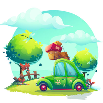 云创意背景与绿色汽车插图艺术灌木汽车