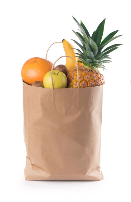 食品水果和蔬菜在纸杂货袋隔离在白色背景上健康营养白菜