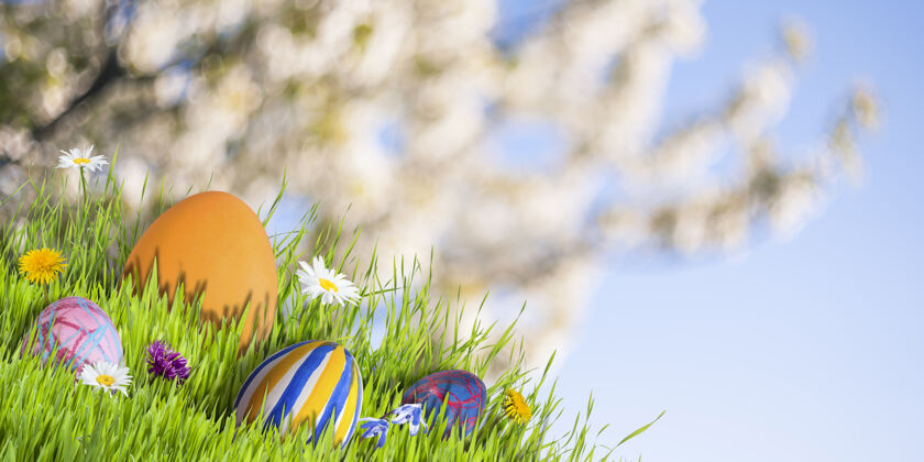 四月复活节彩蛋背景 庆典背景绘画花节日