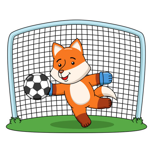 踢可爱的狐狸踢足球的卡通插图有趣游戏图形