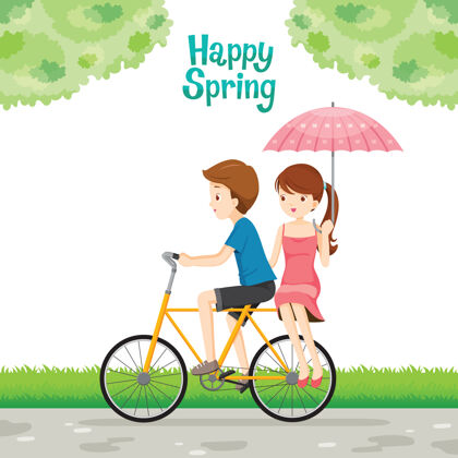 女人骑自行车的男人和女人带着雨伞坐在后面男人自行车卡通