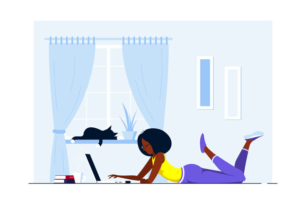 工作场所年轻的黑人妇女躺在家里的地板上工作计算机.远程工作 家庭办公室 自我隔离concept.flat公司风格插图谎言笔记本电脑工人