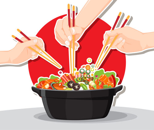 蘑菇涮锅和素烧在餐厅的火锅里 手拿筷子吃涮锅餐厅热料理