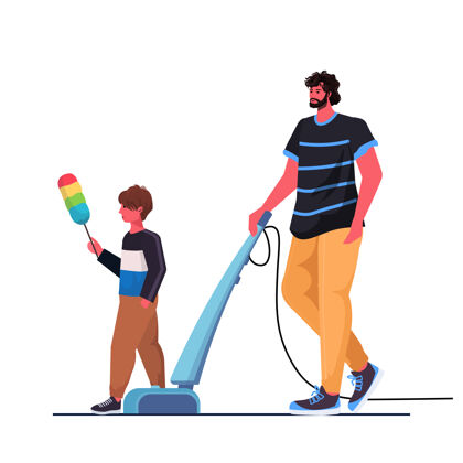 男孩父子俩在打扫卫生的时候玩得很开心亲子友好的家庭概念爸爸和他的孩子一起度过了漫长的时光照顾房子欢呼