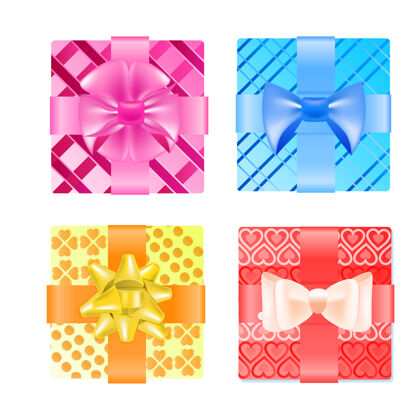 多彩设置彩色包装礼盒与蝴蝶结情人节庆祝概念礼品盒卡通二月