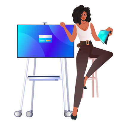 电脑成功的商务女性使用平板电脑进行在线交流演示的概念兴奋姿态展示