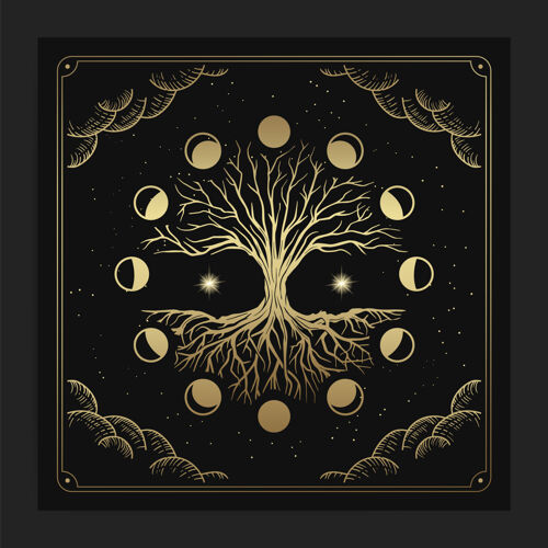 手绘神奇神圣的生命之树与月相装饰豪华手绘风格天空奢华波希米亚