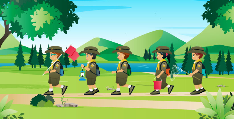 童子军穿着童子军制服的学生正在学习生活在大自然中快乐平面设计生活方式
