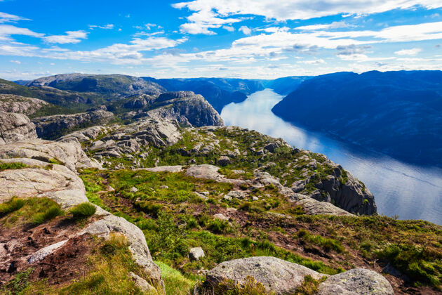 湖泊Preikestolen或prekestolen或讲坛岩石鸟瞰图 挪威高原远足风险