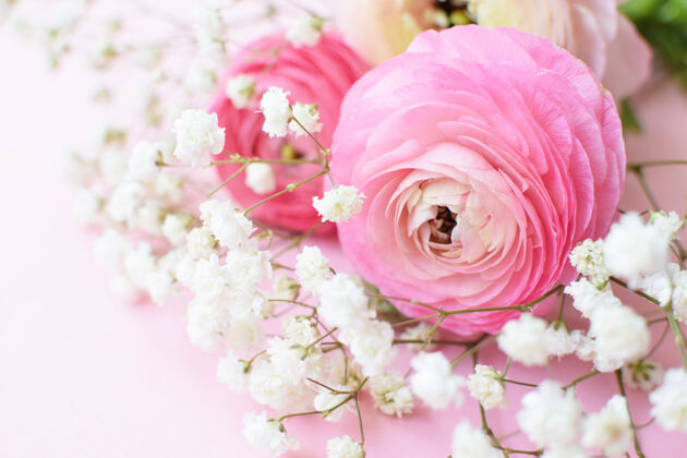 婚礼一束美丽的粉红色毛茛花（毛茛） 粉色表面有精致的白色团花粉彩假日餐桌