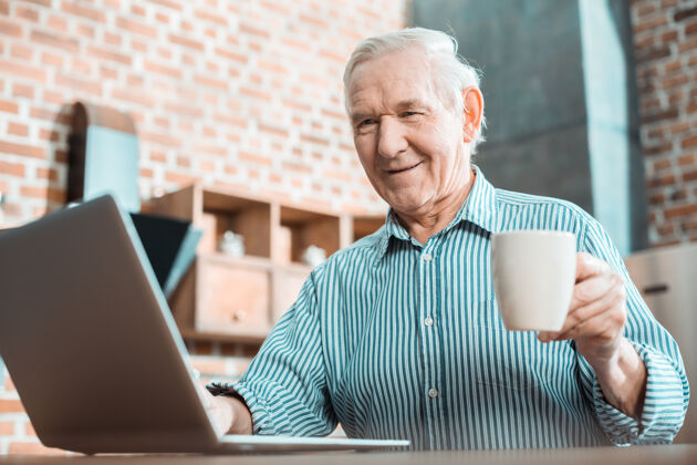 房子开朗快乐的老人微笑着看着笔记本电脑屏幕 同时享受新技术当代特写杯