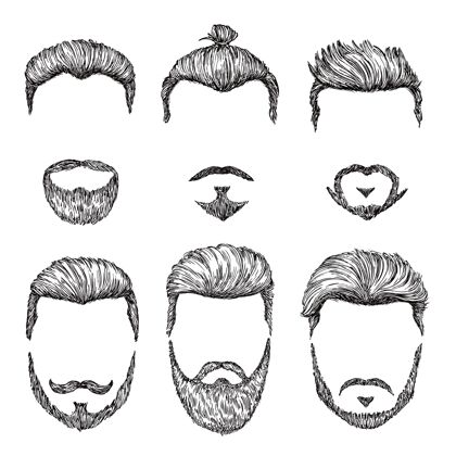 胡子时髦发型手绘复古发型孤立的男人胡须和小胡子模型胡须理发师胡子